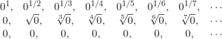 \begin{equation*} \begin{matrix} 0^1, & 0^{1/2},  & 0^{1/3},     & 0^{1/4},     & 0^{1/5},     & 0^{1/6},     & 0^{1/7},     & \cdots \\ 0,   & \sqrt{0}, & \sqrt[3]{0}, & \sqrt[4]{0}, & \sqrt[5]{0}, & \sqrt[6]{0}, & \sqrt[7]{0}, & \cdots \\ 0,   & 0,        & 0,           & 0,           & 0,           & 0,           & 0,           & \cdots \end{matrix} \end{equation*}