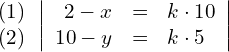 \begin{align*} \begin{array}{c} (1) \\ (2) \end{array} & \left| \begin{array}{rcl} 2-x  & = & k\cdot 10 \\ 10-y & = & k\cdot 5 \end{array} \right| \end{align*}