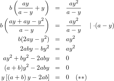 \begin{eqnarray*} b\left(\frac{ay}{a-y}+y\right) & = & \frac{ay^2}{a-y} \\ b\left(\frac{ay+ay-y^2}{a-y}\right) & = & \frac{ay^2}{a-y} ~~~\mid \cdot (a-y) \\ b(2ay-y^2) & = & ay^2 \\ 2aby-by^2  & = & ay^2 \\ ay^2+by^2-2aby & = & 0 \\ (a+b)y^2-2aby  & = & 0 \\ y\left[\left(a+b\right)y-2ab\right] & = & 0 ~~~(**) \end{eqnarray*}